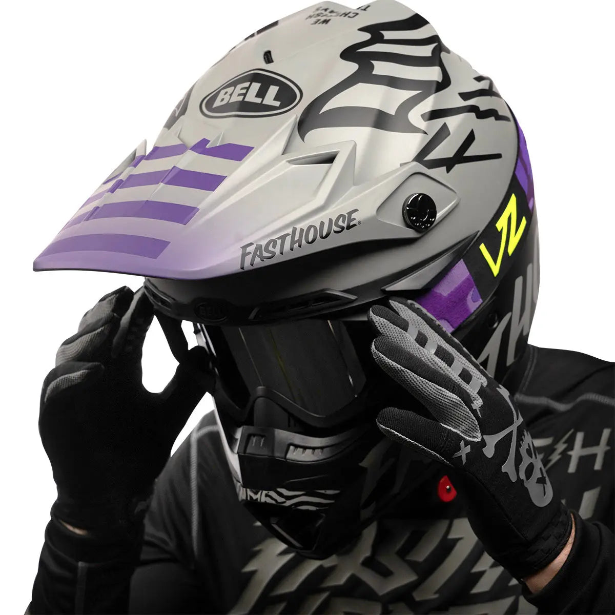 bell bike helmet with visor Bell x Fasthouse Moto 9 Flex Visor - Matte Gray/Purple | MX Helmet Visor | Adult | One Size